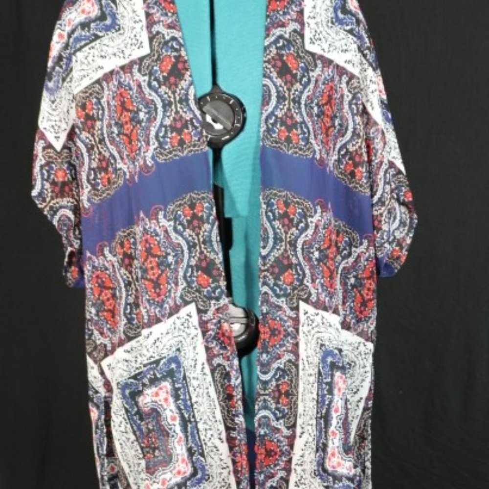 Maurices- sheer cover -red and navy art deco patterns